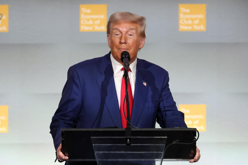 Republican presidential candidate and former U.S. President Donald Trump speaks at the Economic Club of New York in New York, U.S., September 5, 2024. REUTERS/Brendan McDermid